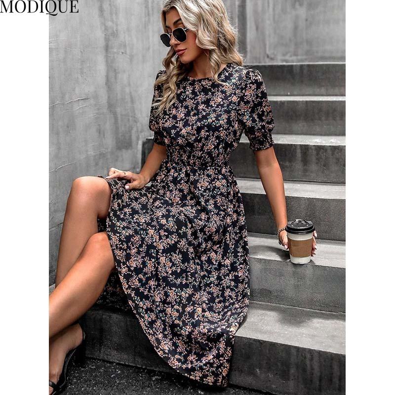 MODIQUE 2025 Yaz Yeni Kadın Zarif Çiçek Desenli Kabarık Kollu Lastikli Bel Uzun Elbise Bayan Günlük A-Kesim O Yaka Elbise