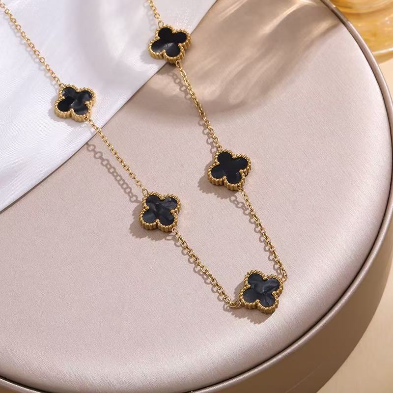 Acier Titane Fin 18k Ne Se Décolore Pas Trèfle à Quatre Feuilles Nacre Double Face Collier Chaîne Clavicule pour Femmes