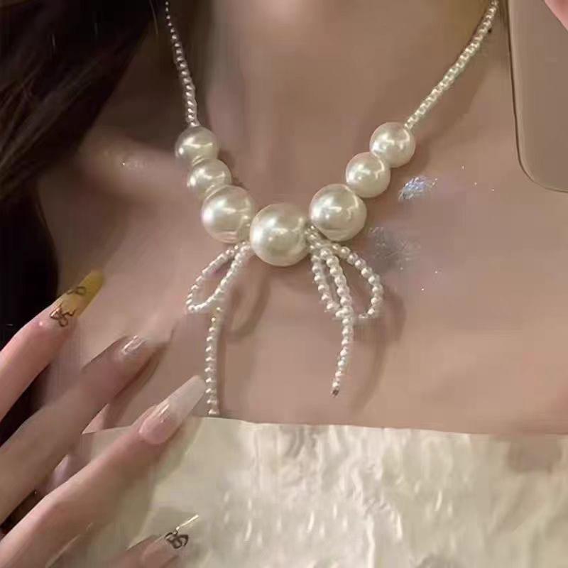 "Xibo Moonflow" French Pearl Beaded Bow Necklace Women's Light Luxury Temperament Superior Sense Sweet Clavicle Chain