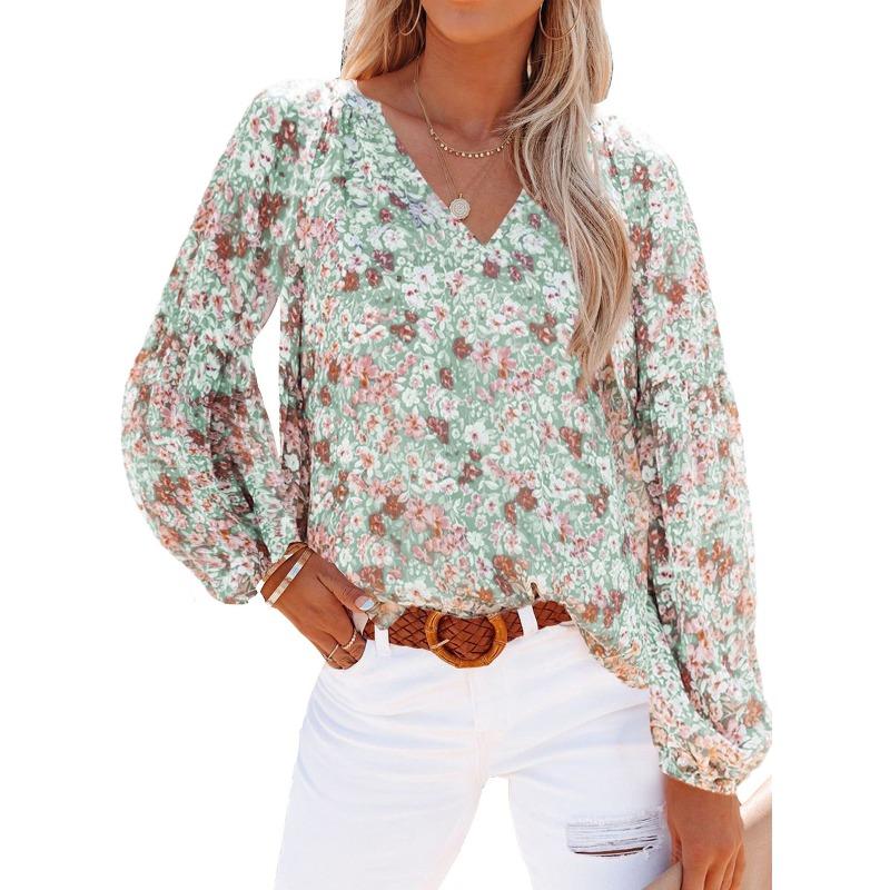Women s Ditsy Floral Print V Neck Lantern Long Sleeve Loose Blouse Casual Spring Summer Shirt Top S зелёный
