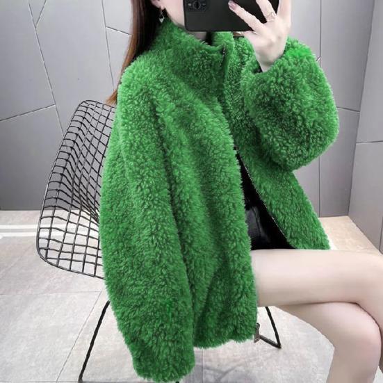 Winter Lady Coat Thickened Double-sided Faux Fleece Solid Color Stand Collar Neck Protection Letter Decor Long Sleeves Keep Warm Outdoor Travel Jacket