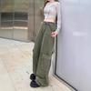 Women's High Waist Retro Military Green Wide-Leg Denim Pants, Plus Size, Autumn/Winter.