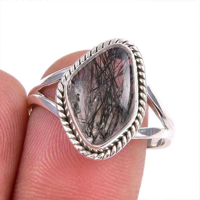 

Natural Black Rutile Gemstone 925 Solid Sterling Silver Jewelry Ring S.8.5 s6V57