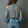 Womens High Neck Cold Shoulder Chiffon Blouse Lantern Sleeve Loose Fit Top Casual Shirt