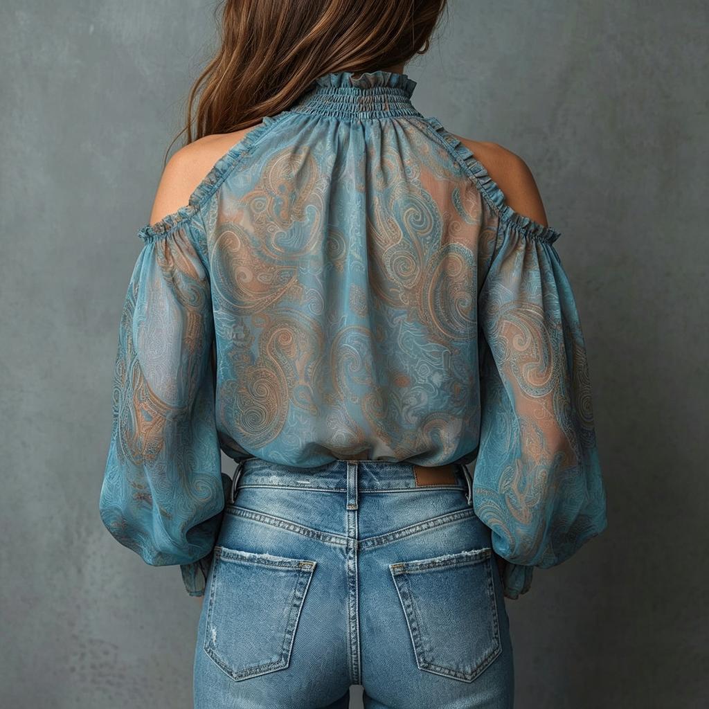 Womens High Neck Cold Shoulder Chiffon Blouse Lantern Sleeve Loose Fit Top Casual Shirt