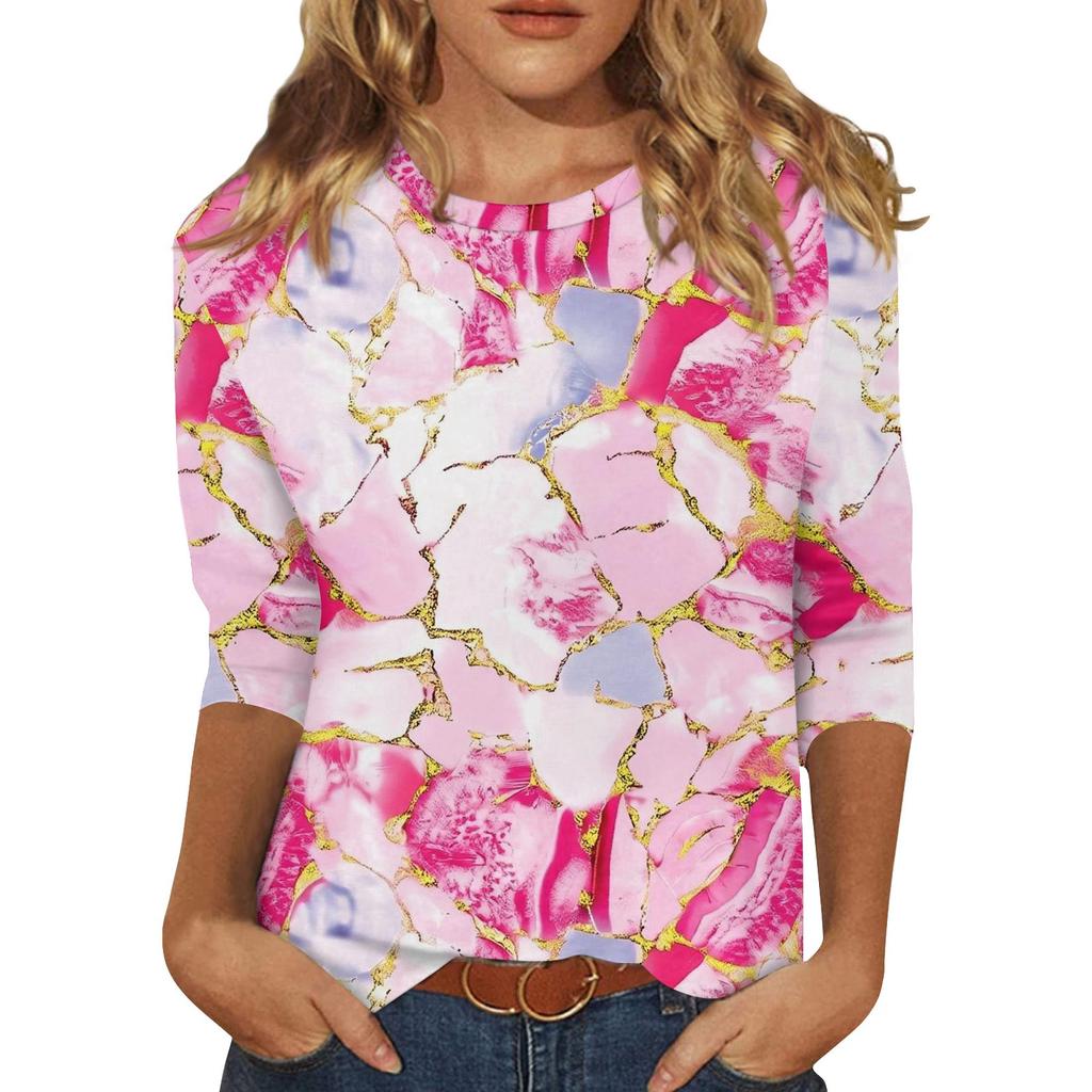 3/4 Sleeve Shirts For Women Cute Print Graphic Tees Blouses Casual Plus Size Basic Tops Pullover