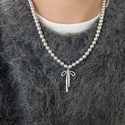Módny šedý perlový náhrdelník Y2K prívesok s mašľou Goth Harajuku Retiazka s retiazkovým náhrdelníkom pre dievča obojok Cool Elegantné šperky Príslušenstvo Darček