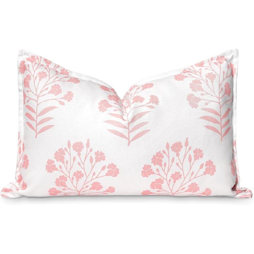 Hofdeco Premium Coastal Patio Indoor Outdoor Scalloped Lumbar Pillow Cover Only, 12"x20" Water Repellent for Backyard, Couch, Green Embroidered