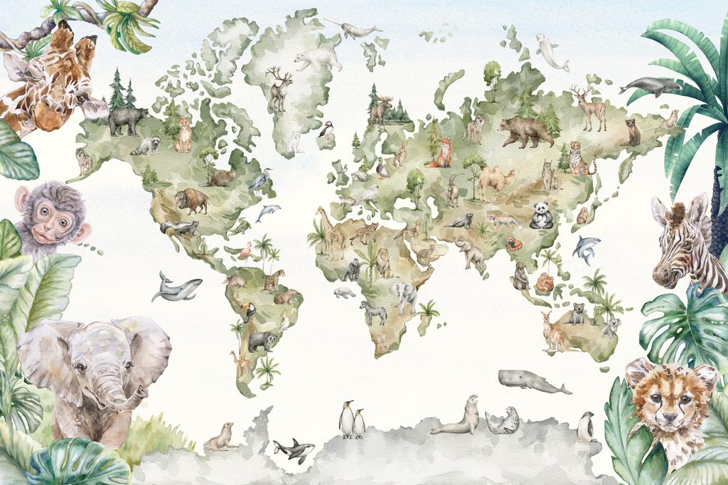 Children's photo wallpaper world map safari jungle wild animals M111 300x200