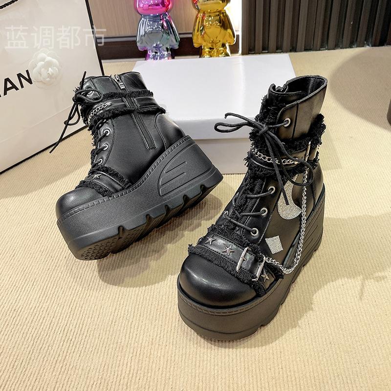 Fashion Platform Thick Gothic Boots Lady Buckle Autumn Women 9CM Wedges High Booties Punk Street Cosplay Botas Motorcycle Chain Shoes