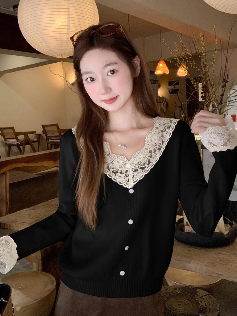Pure and chic collar soft waxy bottoming top women's autumn and winter lace splicing sweater with knitted sweater inside