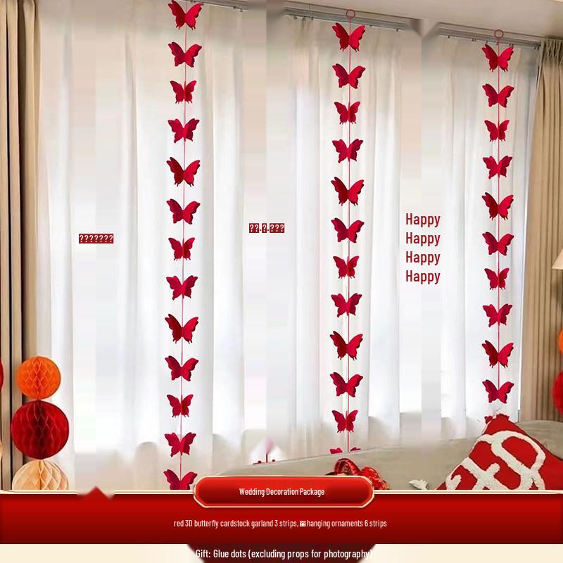 Wedding Curtain Decor: Butterfly Pull Flowers & Double Happiness Strip for New Home or Bedroom