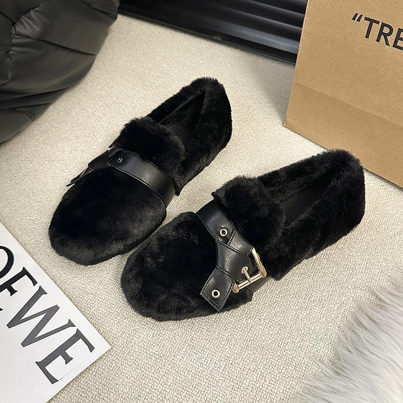 Inner Height Increase Warm Fairy Thick-soled Plush Shoes Female Autumn and Winter Wear a Pedal Internet Celebrity Mink Bean Cotton Shoes