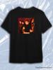 Black Crew Neck Short Sleeve T-Shirt with Band Photo Red Background