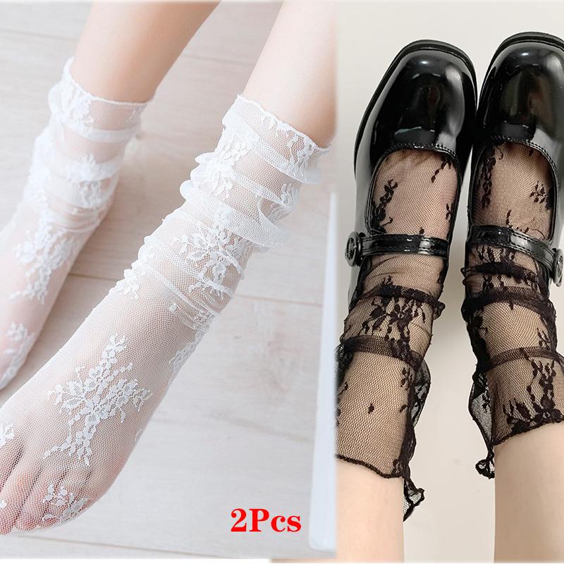 1/2 Pairs Thin Socks Women Summer Ultra Breathable Transparent Lace Socks Lolita Soft Sexy White Ins Mid Socks Fishnet Woman