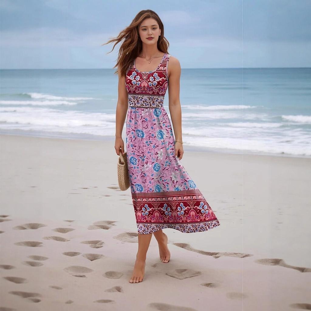 Summer New European and American Style Printing Sleeveless Long Dress Seaside Vacation Bohemian Dress Women's Clothing