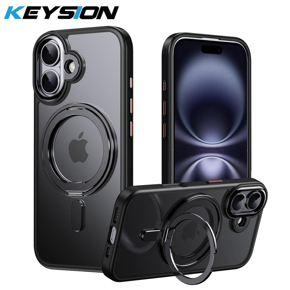 KEYSION Shockproof Transparent Matte Case for MagSafe for iPhone 17 17 Air 360° Magnetic Ring Stand Wireless Charging Phone Back Cover
