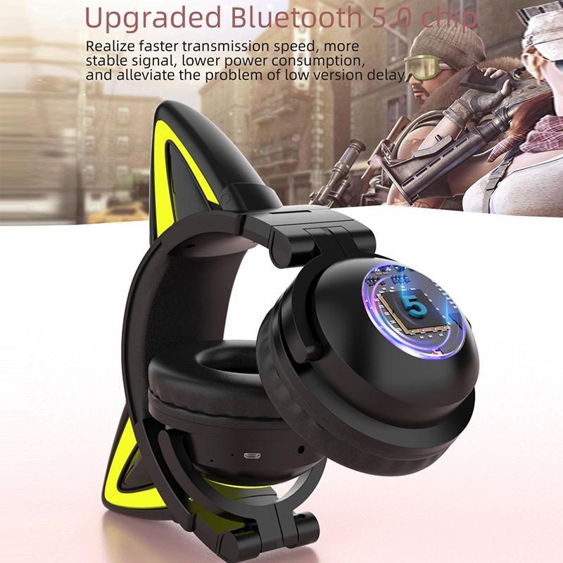 Căști de gaming cu LED, cu ureche de pisică, pliabilă, montată pe cap, Căști Bluetooth 5.0, căști fără fir adevărate cu microfon