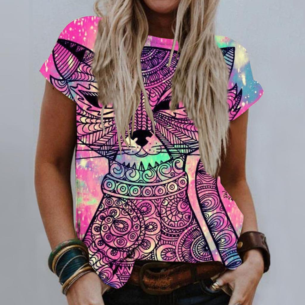 Sommer Rund Hals 3D Kattetrykk Topp Moteabel Casual Kort Ermet Dame T-skjorter