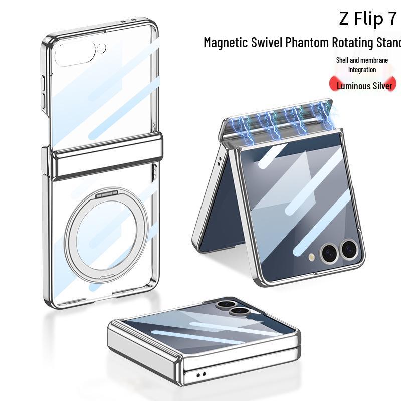 Samsung Z Flip7 Case: 360° Rotating Stand with Wireless Charging, Flip6 Compatible, Transparent Protective Hinge Cover
