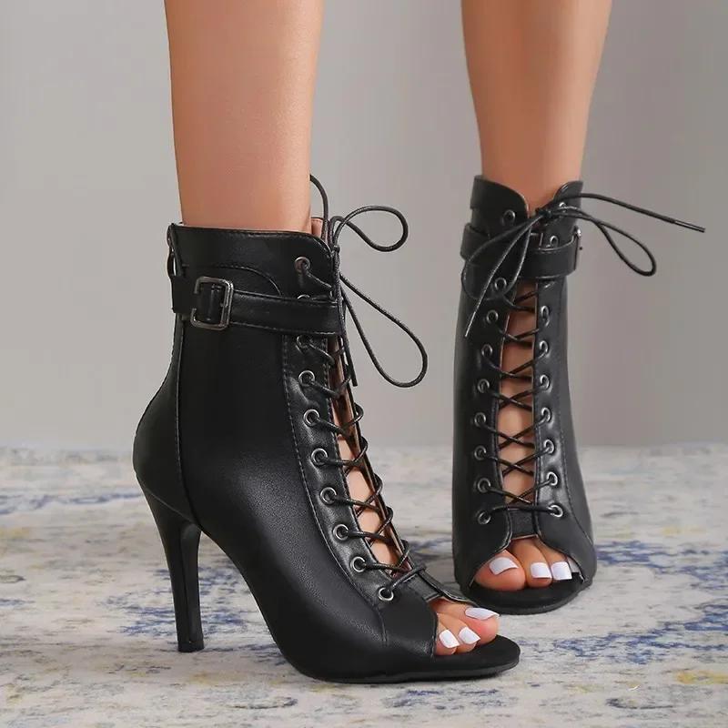 Sommer Neue Schwanzflossenmaul Coole Stiefel Damen Sommer Dünner Absatz Hohl Kurze Stiefel Jazz Tanz High Heels