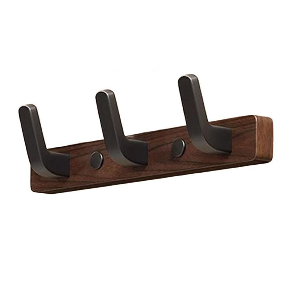 Easy Installation Entryway Coat Rack No Drill Wall Hook Walnut Wood Coat Hook Black  - Three hooks