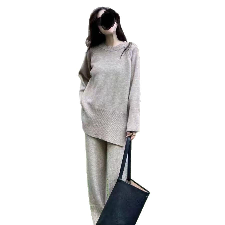 Damen Schlitzpullover & Weitbeinige Hose Set - Koreanischer Stil Lässig Zweiteiler für Herbst/Winter