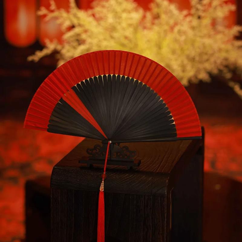 Vintage Antique Folding Fan Bamboo Ribs Carved Hollow Women Gilr Hanfu Cheongsam Performance Dance Fan Summer Portable Hand Fan