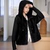 Feeling fake two pieces knitted splicing sleeves fluffy hooded short jacket women's small warm cotton clothes trendy