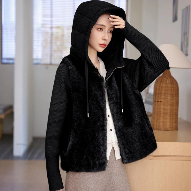 Feeling fake two pieces knitted splicing sleeves fluffy hooded short jacket women's small warm cotton clothes trendy