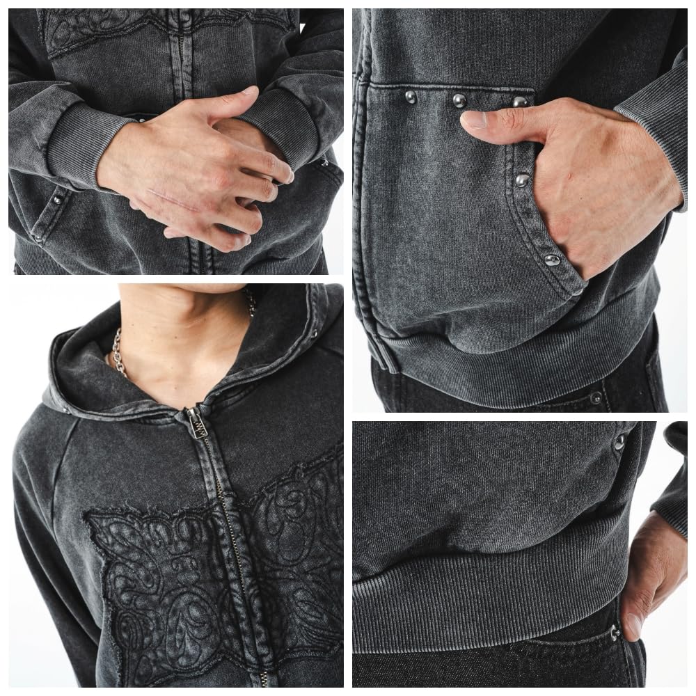 WEGO Powder Bleached Studded Zip Korean Size Sumikuro Men's Hoodie, Sweatshirt, Hooded, Autumn/Winter Clothing, Streetwear, Style, M,