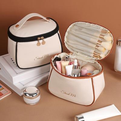 Geantă cosmetică portabilă din piele PU, capacitate mare, trusă organizatoare de machiaj pentru călătorii, cu mâner, pentru femei, geantă de toaletă pentru călătorii