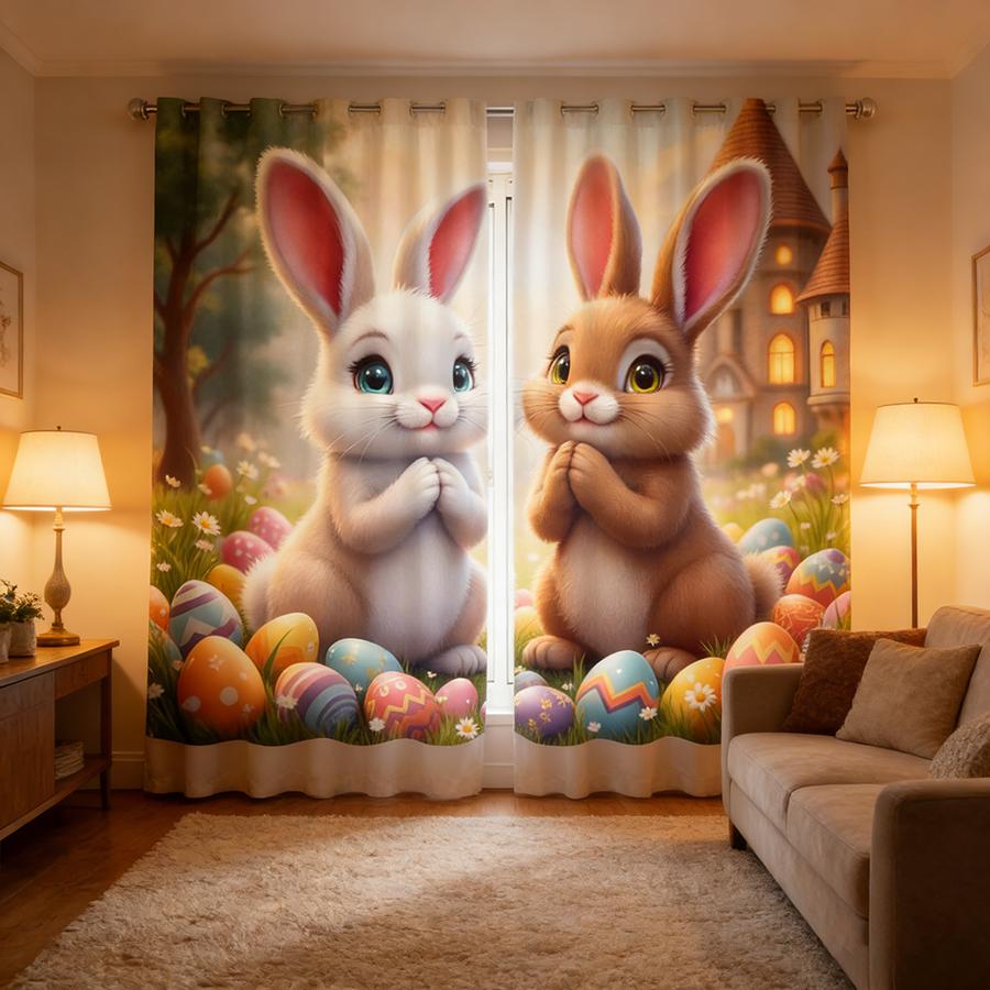 2PCS Multicolor Easter Bunny And Colorful Eggs Pattern Curtains Rod Pocket Design For Bedroom And Living Room