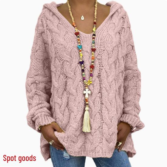 2026 Autumn Winter Pure Color Cable Knit Hoodie - European/American Bestseller