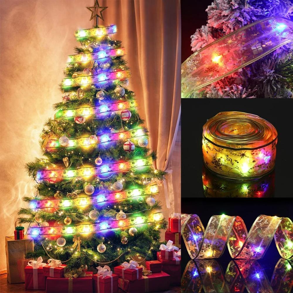 Christmas Ribbon Fairy Light Christmas Decoration DIY Bows String Light Ornaments For Home Xmas tree Decor New Year