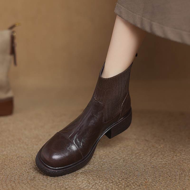 Krazing Pot Sheepskin Pleated Decoration Autumn Winter Shoes Chunky Heels Size 43 Size 42 Round Toe Slip on Retro Knit Wear Ankle Boots
