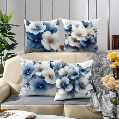 Blue and White Floral Pillowcases with Butterflies Cover Bedroom Sofa Decoration Polyester Cushion Cover with Zipper