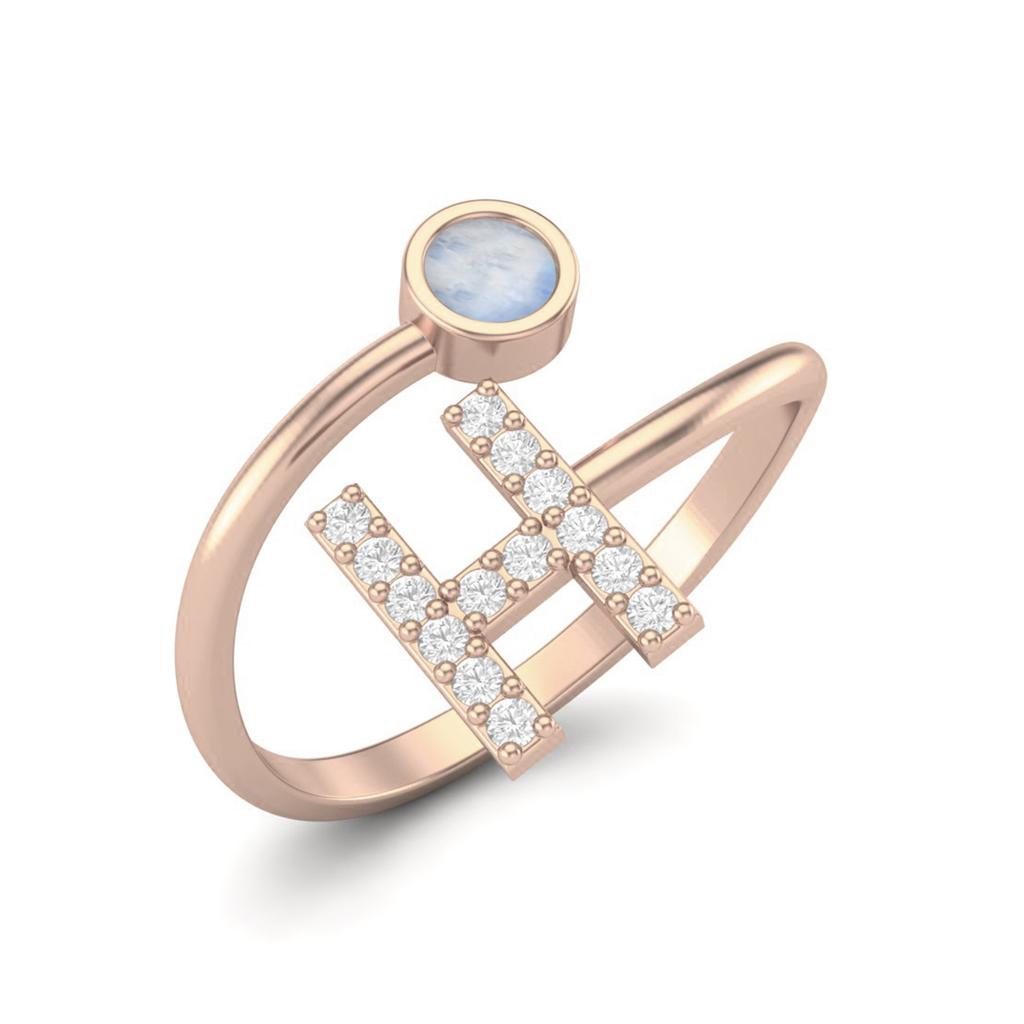 Capital H Initial Letter Moonstone Women Adjustable Front Open Ring 925 Sterling Silver Rose Vermeil