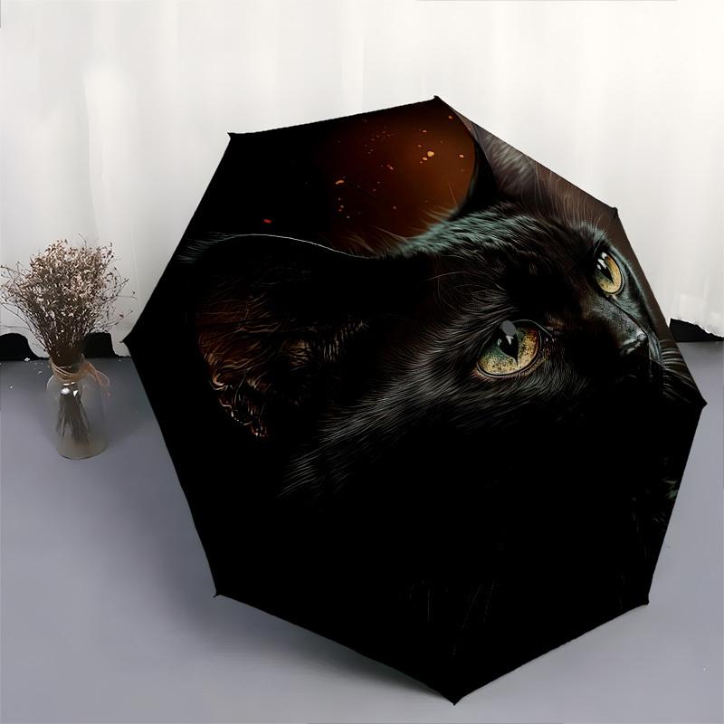Schwarze Katze, Goldene Augen - Automatischer Regenschirm, Vierjahreszeiten Tragbarer Faltregenschirm, Geeignet für Männer und Frauen, Reise, Täglicher Kompakter Regenschirm