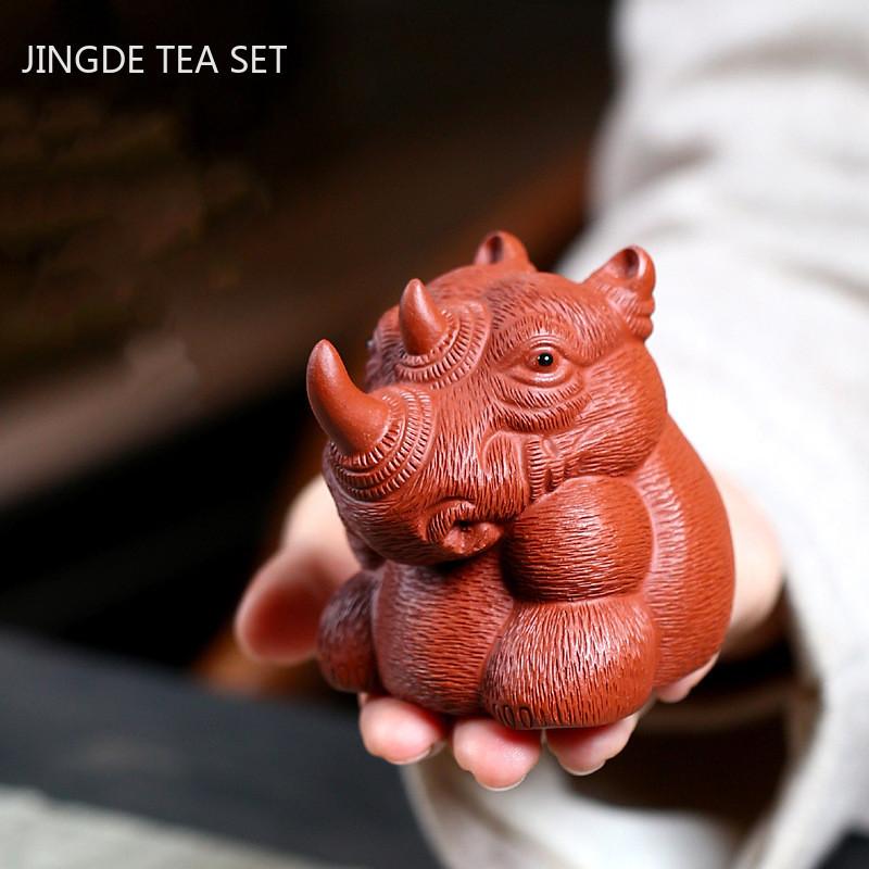 1PCS Boutique Rhino Sculpture Purple Clay Tea Pet Chinese Handmade Animal Statue Ornaments Crafts Tea Set Decoration Accessories