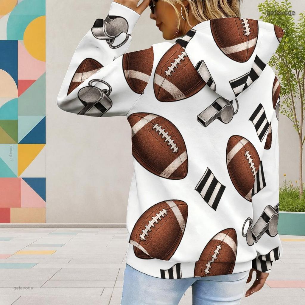 Women Plus Size White Football Star Print Long Sleeve Drawstring Hood Kangaroo Pocket Pullover Hoodie