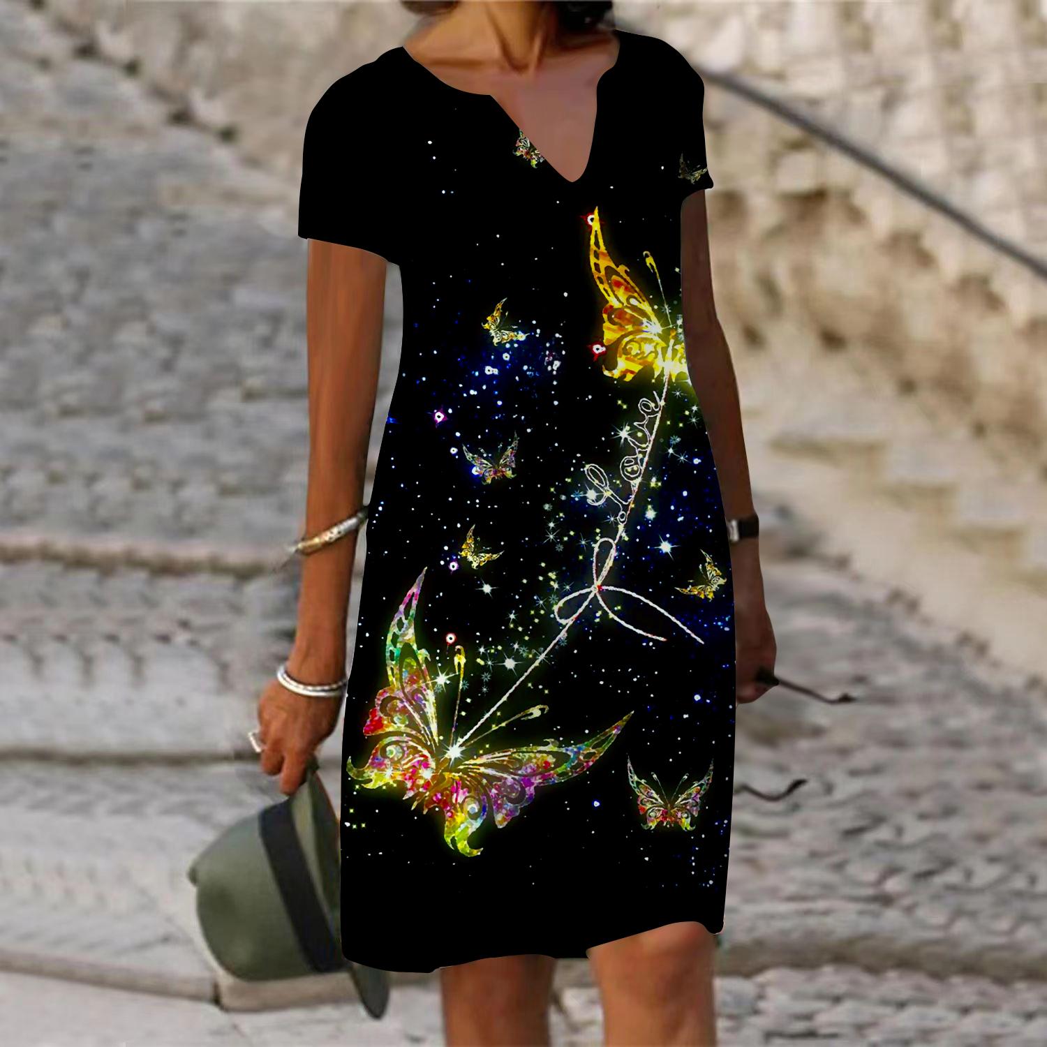 

Летнее модное женское платье с V-образным вырезом, с коротким рукавом, с принтом бабочки, оранжевое платье, свободное повседневное платье для женщин L