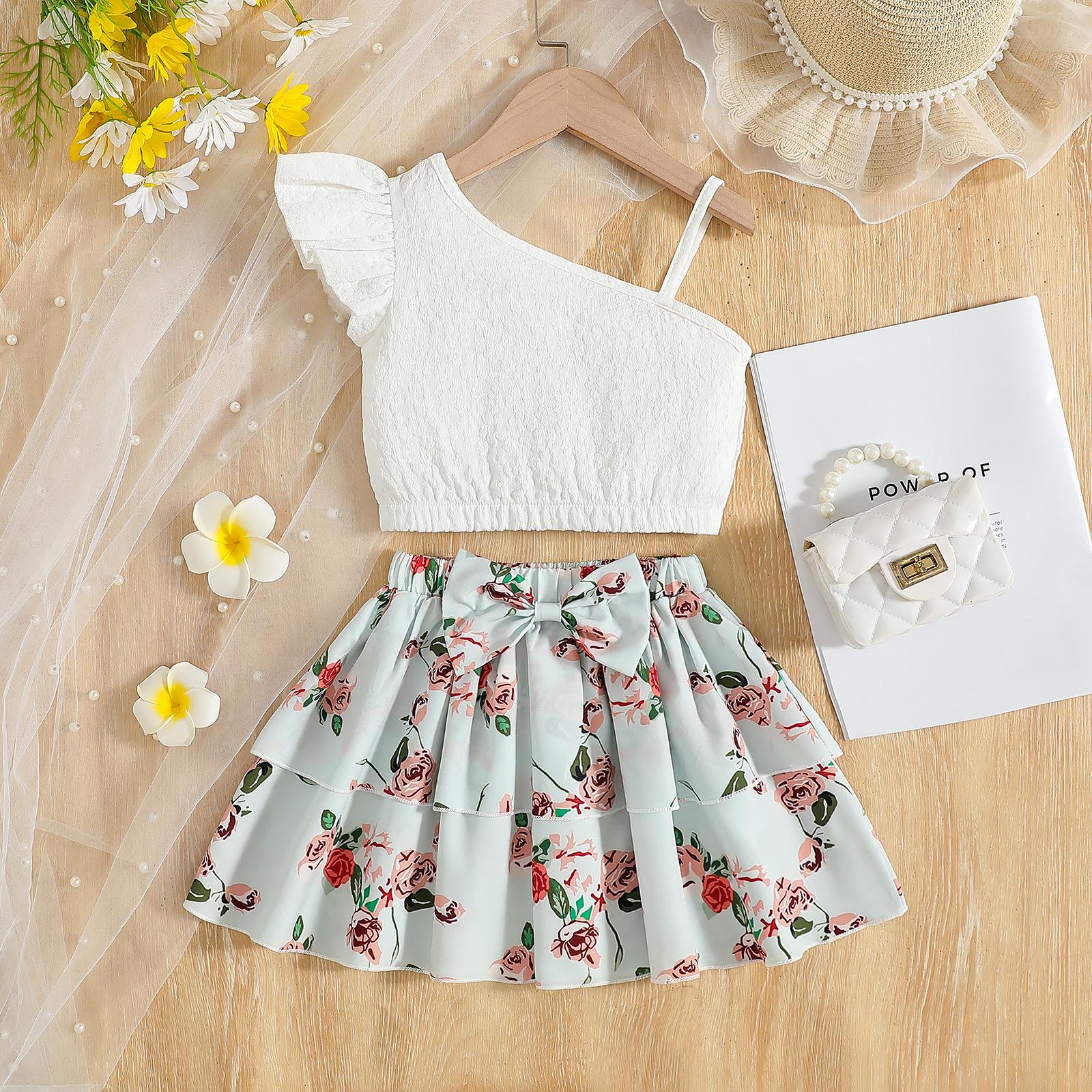 

2025 Summer European & American Style Sleeveless One-Shoulder Top with Printed Skirt Set for Girls 120cm [5-6 years] белый