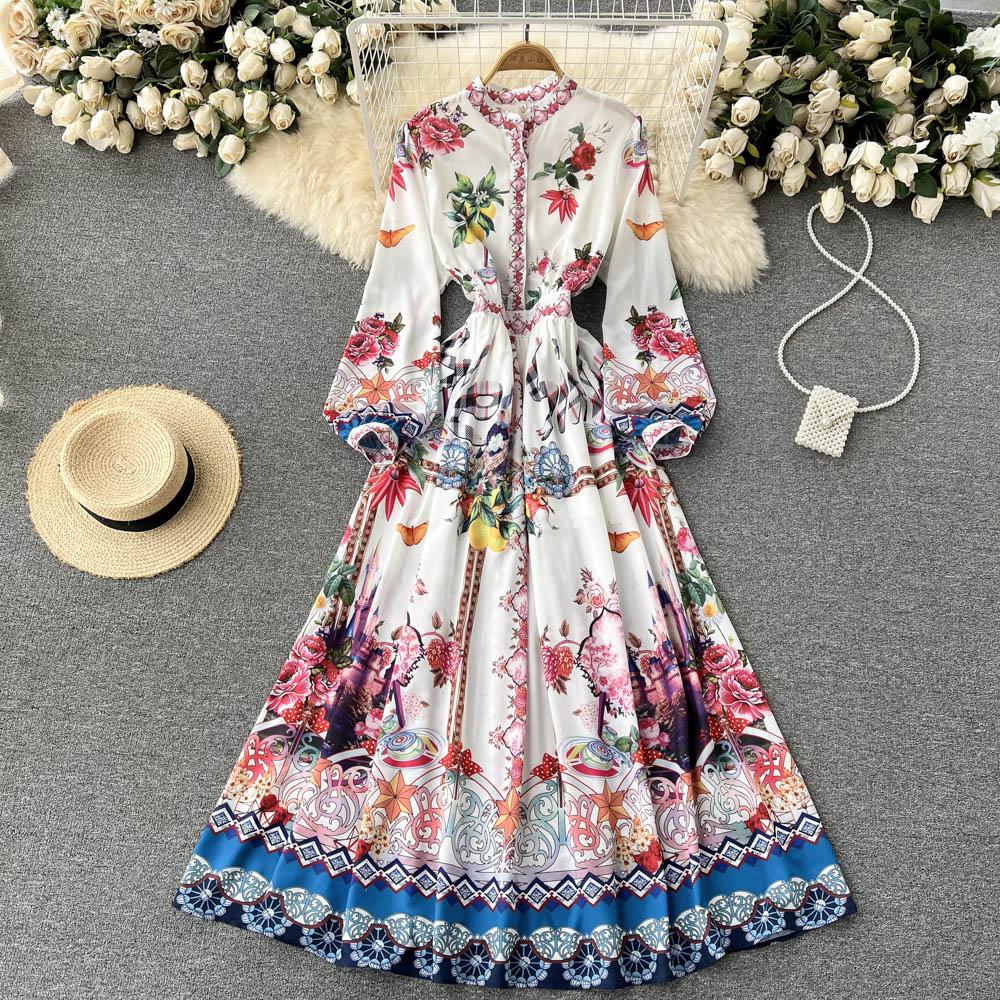 

Женщины Новая мода Летняя стойка Воротник Печать Шифон Пляж Платье Элегантный Тонкий Длинный Макси Праздник Приморские платья