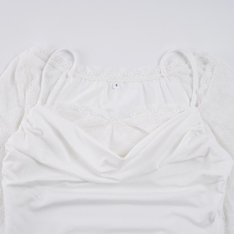 Trendy Spicy Girl Sheer Long-Sleeve Lace Patchwork T-Shirt