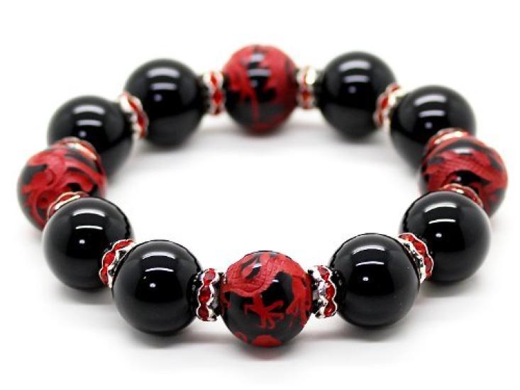 

Red 18mm Red Dragon Onyx Prayer Bead Bracelet with a Beautiful Shining Jet Black Power Stone [Seki-Kira] Dragon! [b118]