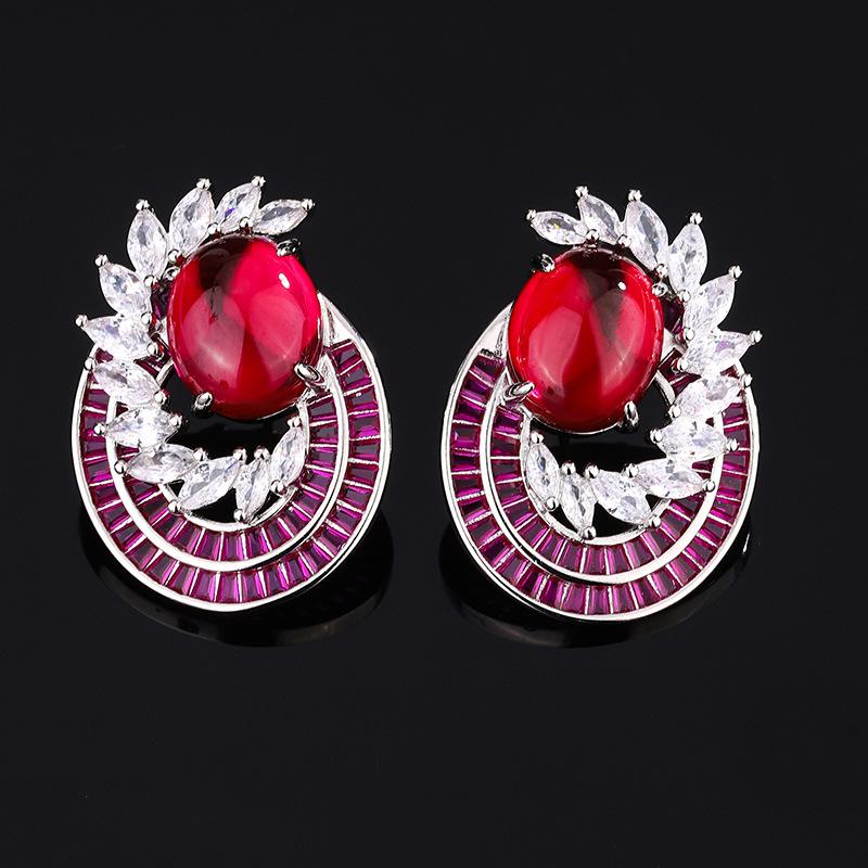 Schmuckset 925 Reinsilber Nadel Ohrringe Ring Imitation Roter Korund Zweiteiliges Set Ring Ohrringe Frauen