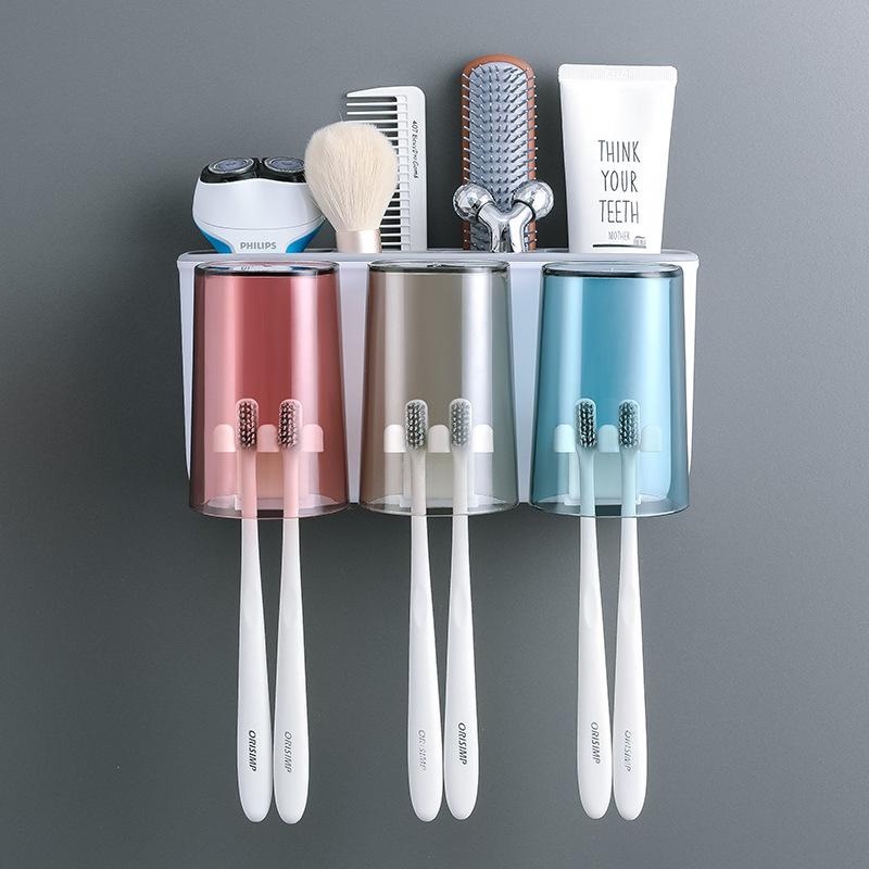 Zahnbürstenhalter, Lochloser Mundspülbecher, Becher zum Zähneputzen, Wandmontiertes Badezimmer, Wandmontiertes Zahnpastaspender-Set