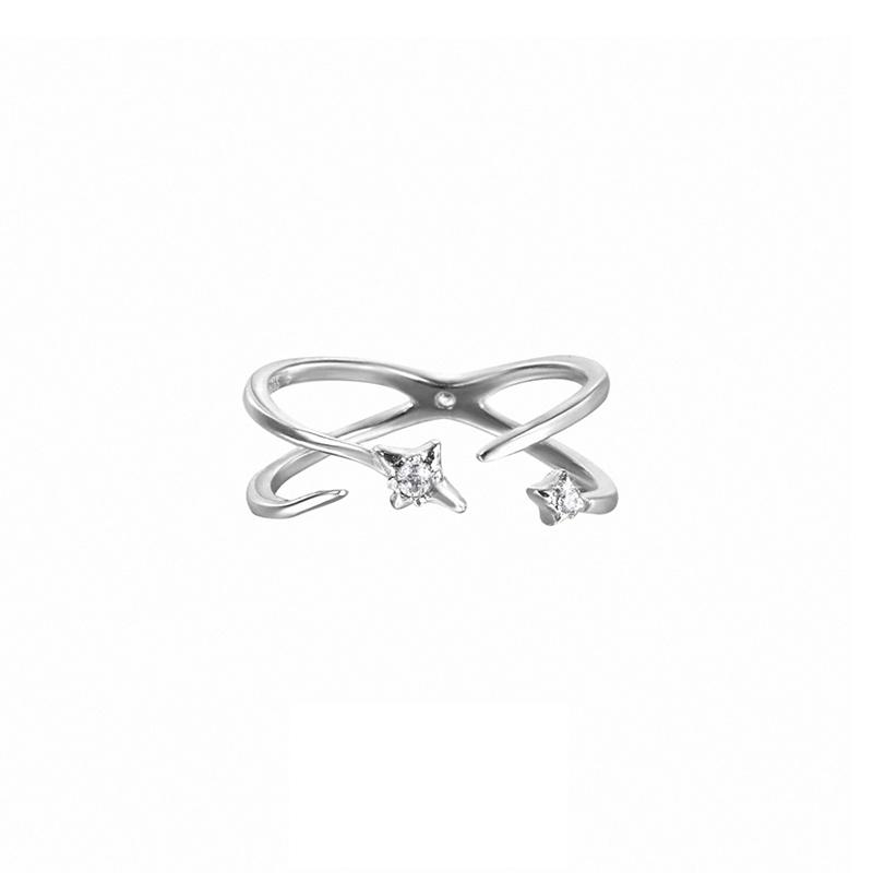 PONYKISS 925 Silver Zircon Star Line Cross Opening Rings for Women Cute Fine Jewelry Minimalist Personality Accessories