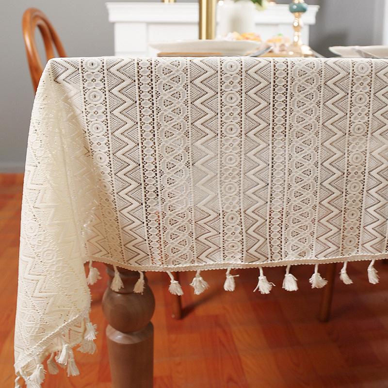 European Retro Cotton Linen Tablecloth Line Tassel Dining Table Dustproof Decorative Cover Cloth Kitchen Restaurant Party Desktop Protective Cover